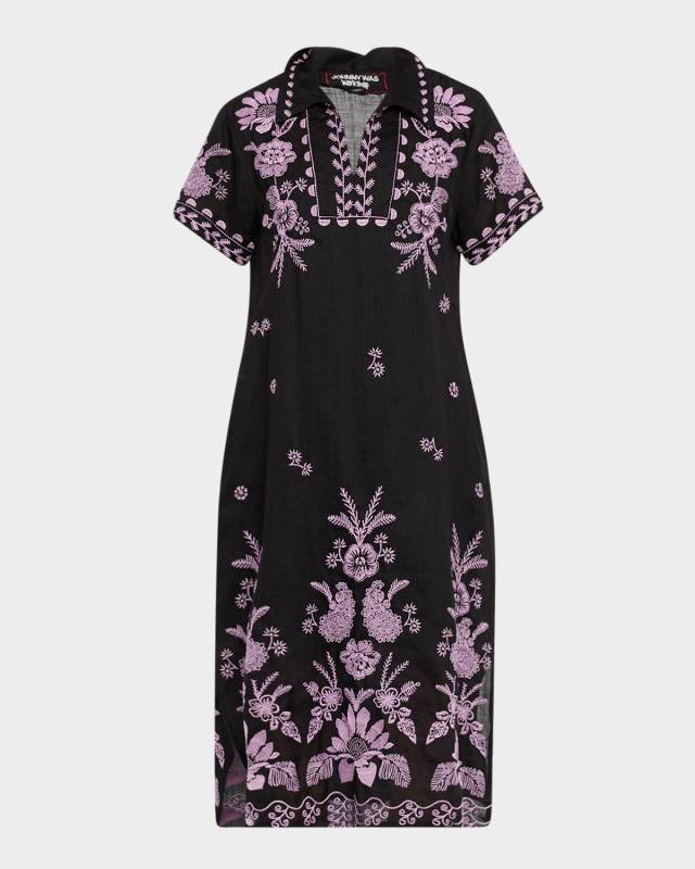 Embroidered Short-Sleeve Tunic Dress